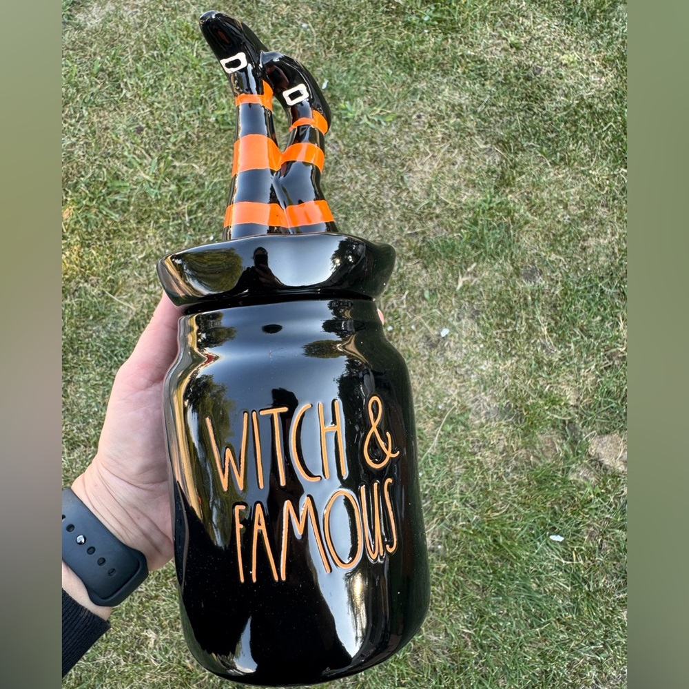 Rae Dunn WITCH & FAMOUS Upside-down Witch Canister Black & Orange Glaze Ceramic